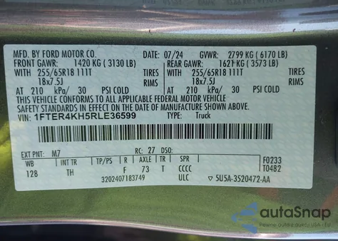 2024 Ford Ranger Lariat z USA, uszkodzony, nr VIN 1FTER4KH5RLE36599